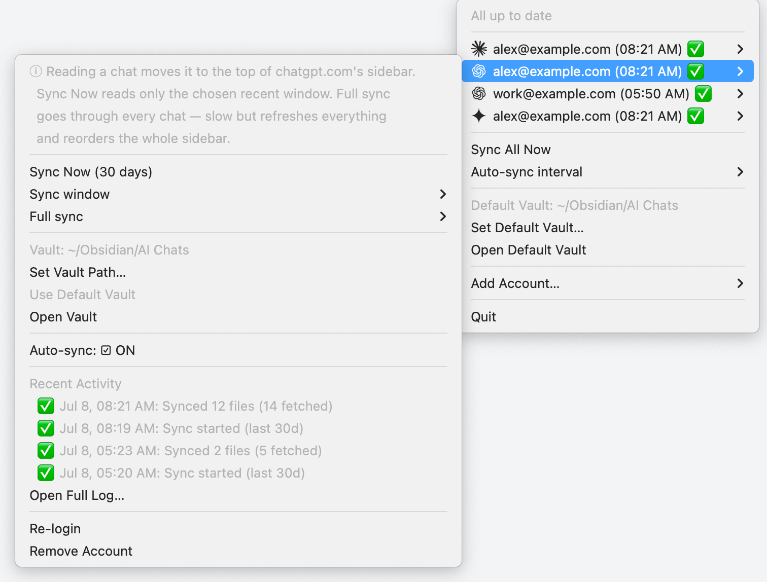 chatdump's menu bar dropdown, listing connected accounts and sync status